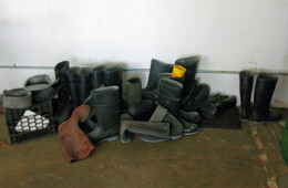 Workers’ boots in the brewery where Kelly Taylor is the master brewery for Heartland Brewery and where he runs his own company, Kelso.