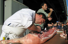 Soon after Tom Mylan started cutting up whole animals for a Williamsburg shop, he gained a following. In an event the New York Magazine Grub Street blog called “fodder for Tom Mylan groupies,” Tom butchers a pig with his mentor, Josh Applestone of Fleisher’s Grassfed Meats, in front of a crowd at the New Amsterdam Market.