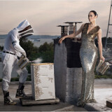 David Selig’s girlfriend Cecilia Dean posing for Harper’s Bazaar with the bees on the roof.